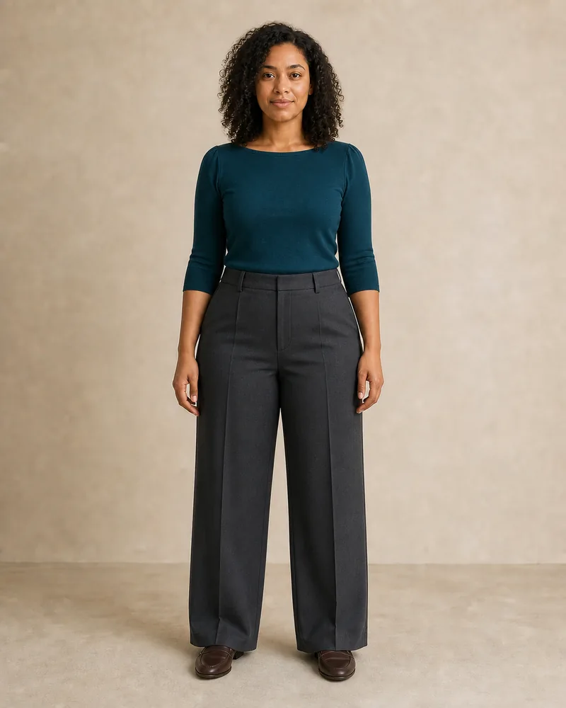 Same woman in a teal boat-neck top and high-rise charcoal wide-leg trousers after AI clothes try-on