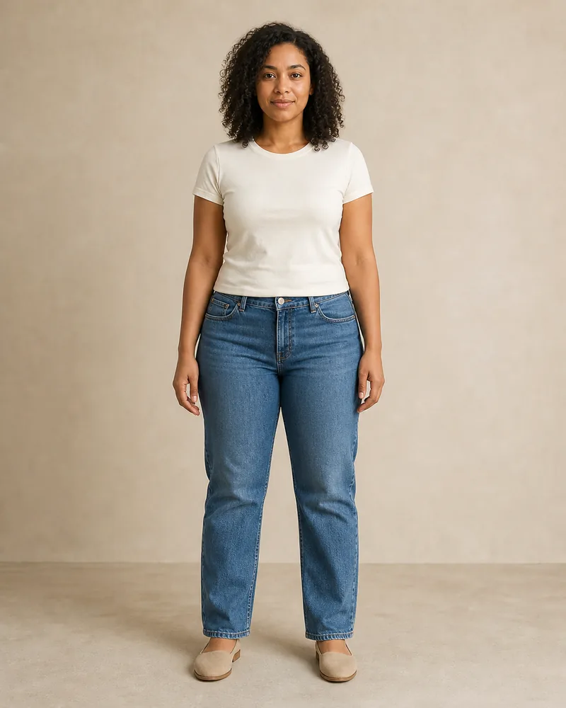 Woman in a fitted ivory T-shirt and straight blue jeans before AI outfit comparison