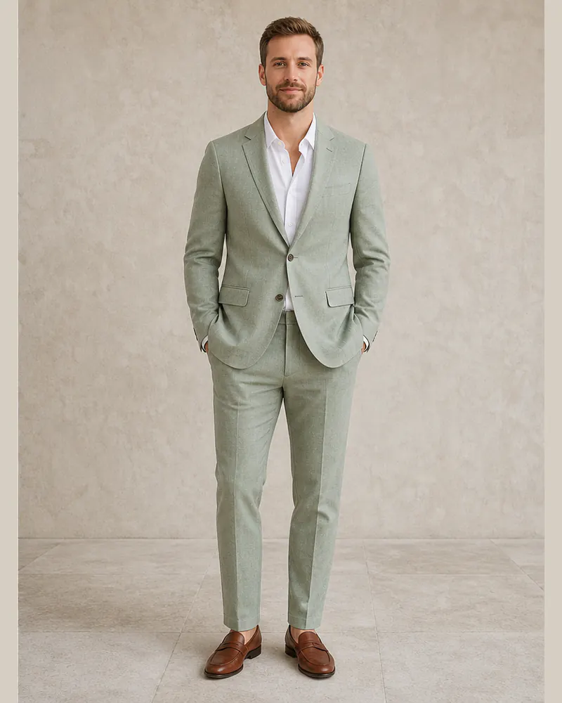 Same man wearing a light-sage wedding guest suit and open-collar shirt after AI try-on