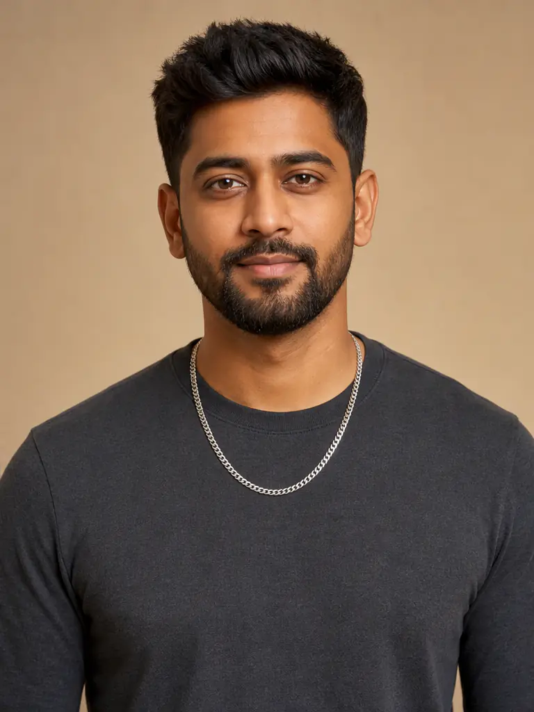 Same man wearing a medium-length silver curb-chain necklace after AI jewelry try-on