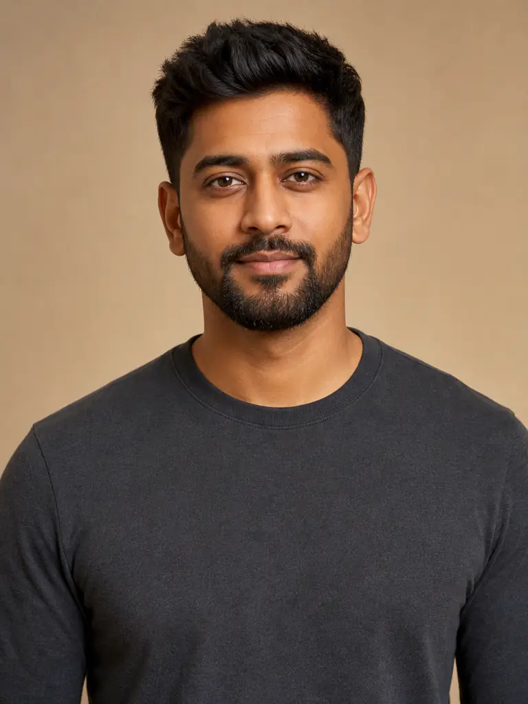 South Asian man without a necklace before a virtual jewelry try-on