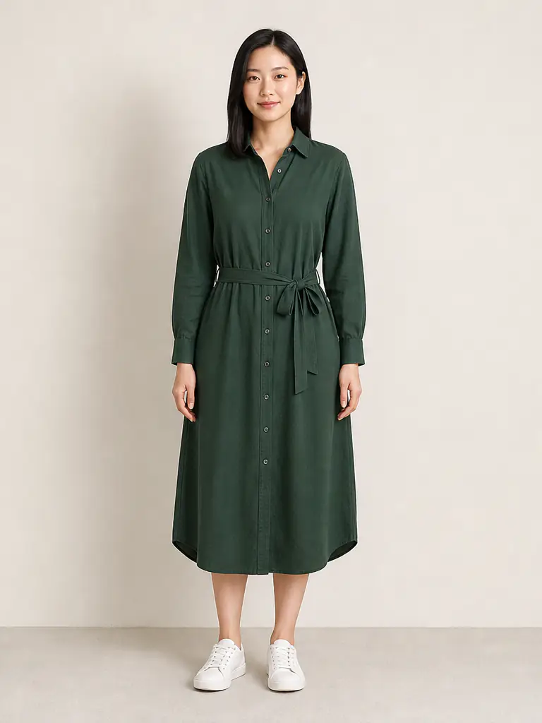 Same woman wearing a forest-green belted shirt dress after AI virtual try-on