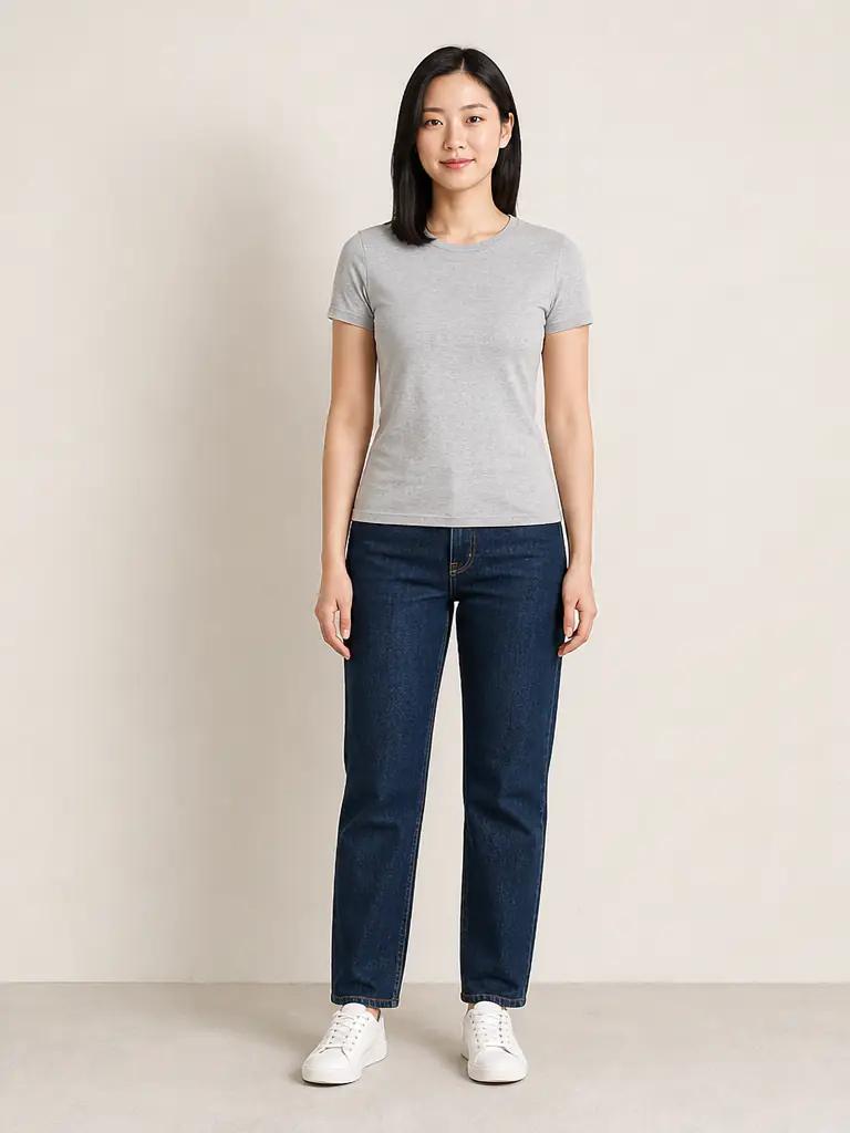 East Asian woman wearing a gray T-shirt and jeans before virtual clothes try-on