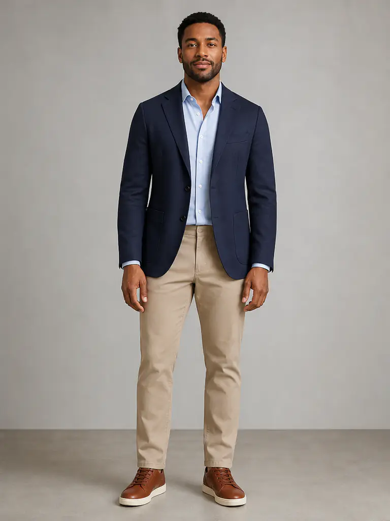 Same man wearing a navy blazer, pale-blue shirt, and stone chinos after AI virtual try-on