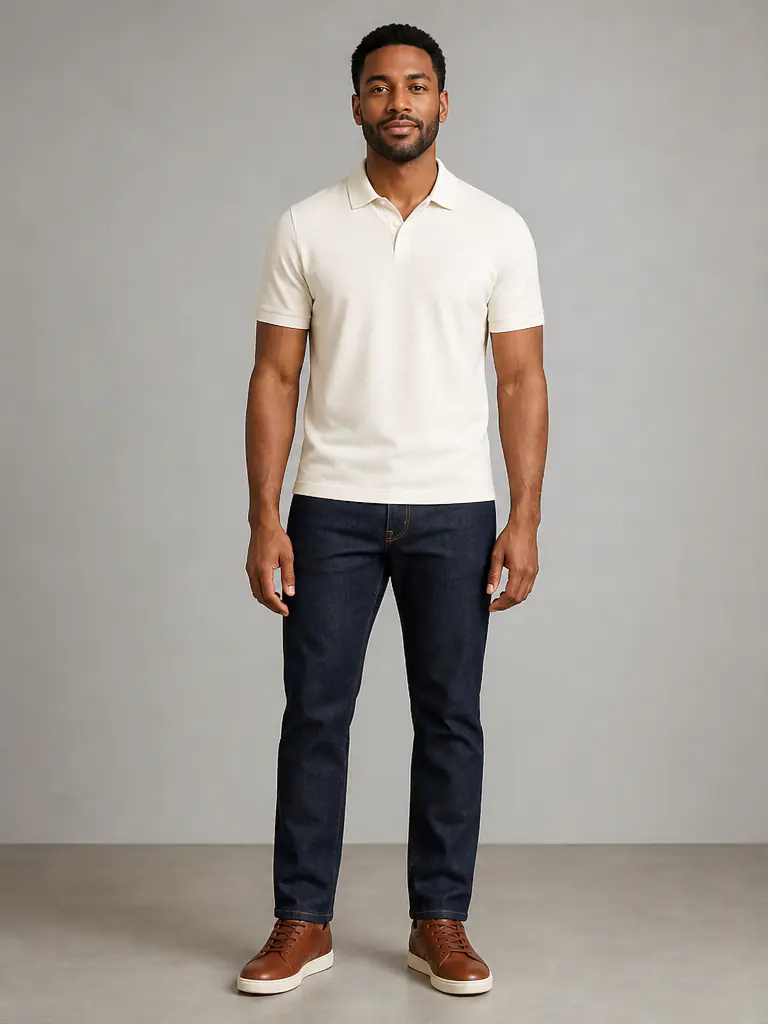 Black man wearing a cream polo and dark jeans before virtual clothes try-on