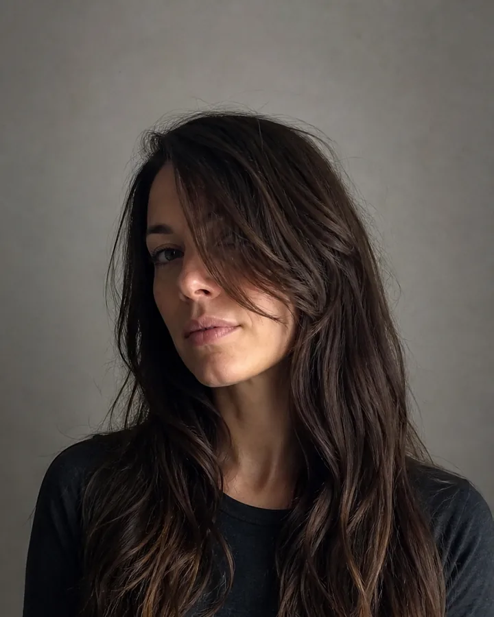 Woman in an angled, unevenly lit portrait with long hair covering part of her face before an AI haircut preview