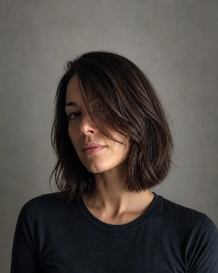 Same angled portrait with an AI-generated chin-length bob showing why obscured photos are harder to evaluate