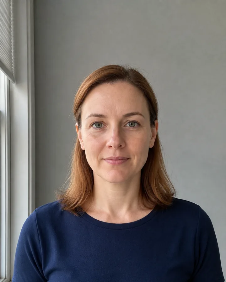 Woman in a clear front-facing portrait with even light before previewing a short haircut