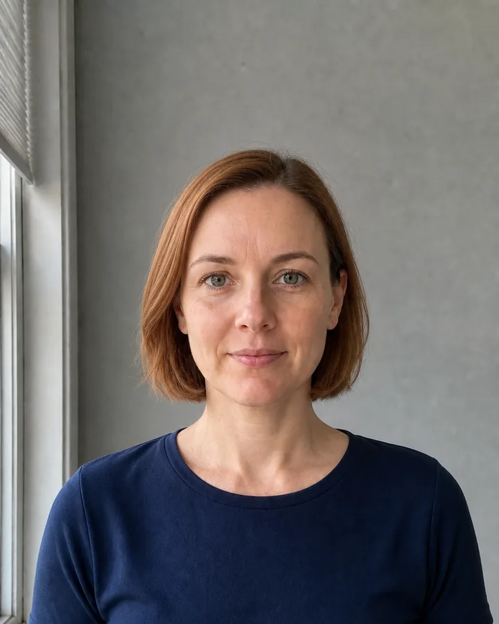 Same front-facing woman with a natural chin-length auburn bob after an AI haircut preview