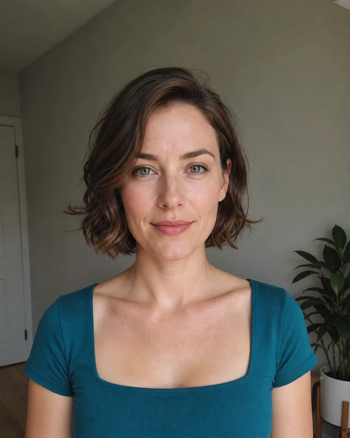 Woman wearing a square-neck teal top with no jewelry before virtual necklace try-on