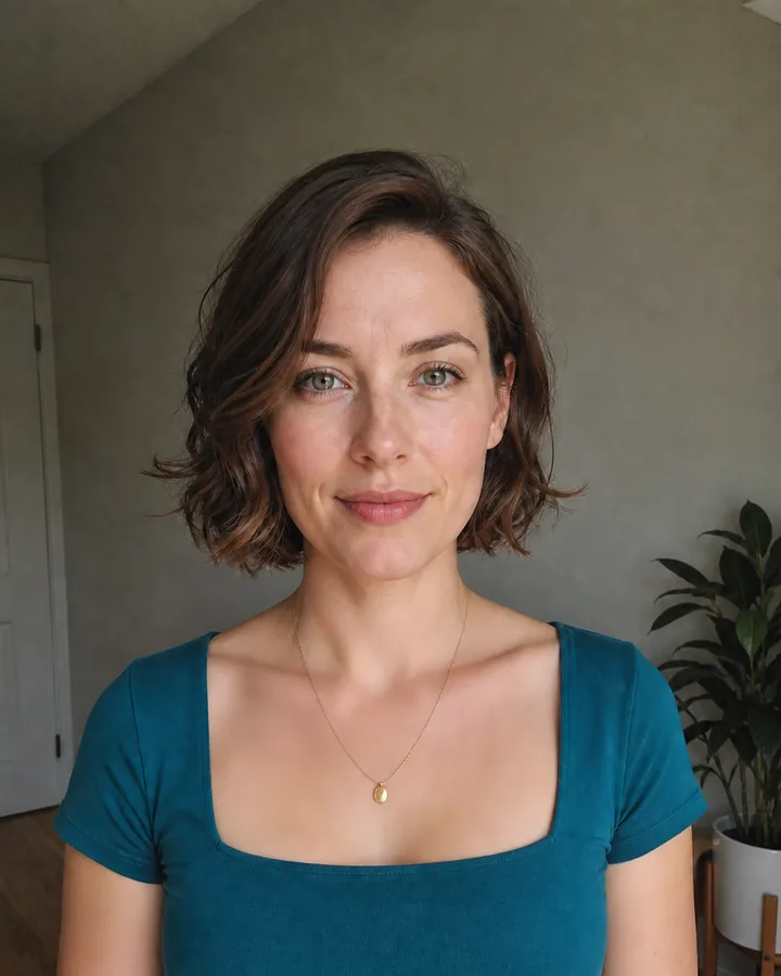 Same woman wearing a delicate gold chain and centered oval pendant after AI jewelry try-on