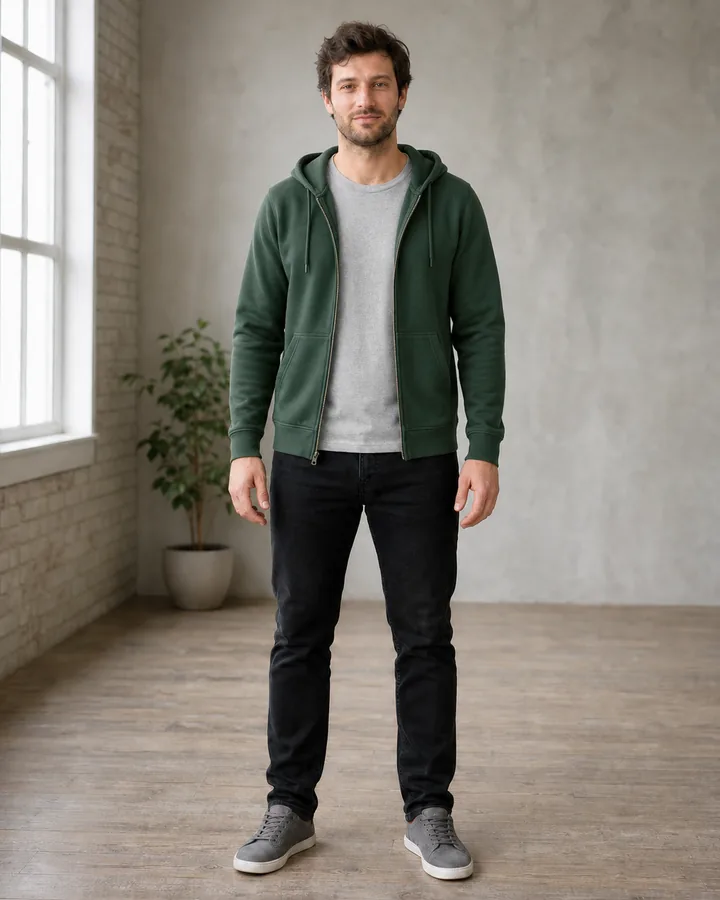 Same man wearing a forest-green zip hoodie over his gray T-shirt after AI clothes try-on
