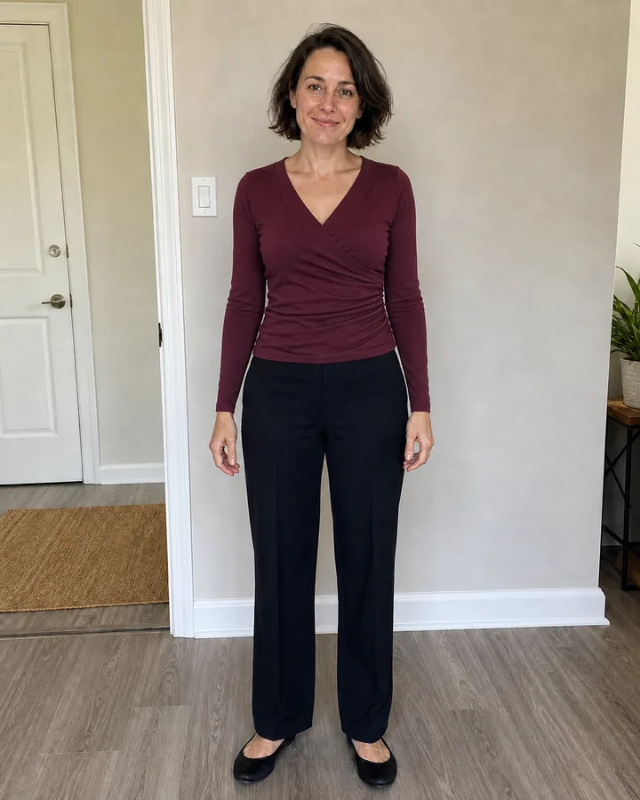 Same woman wearing a burgundy wrap-style top and dark trousers after AI clothes try-on
