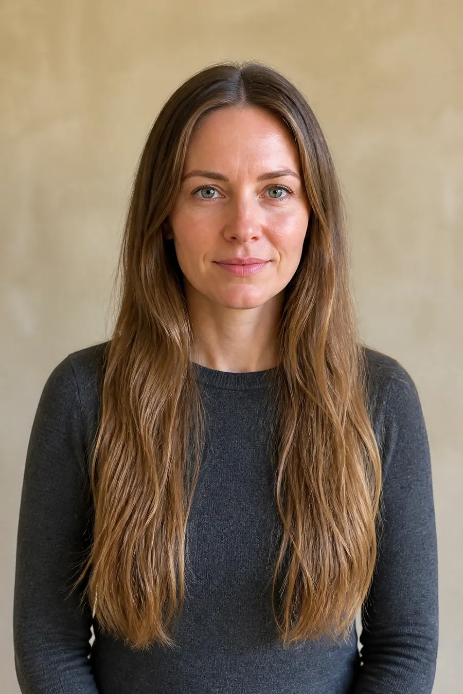 Woman with long dark-blonde hair before previewing a medium-length haircut