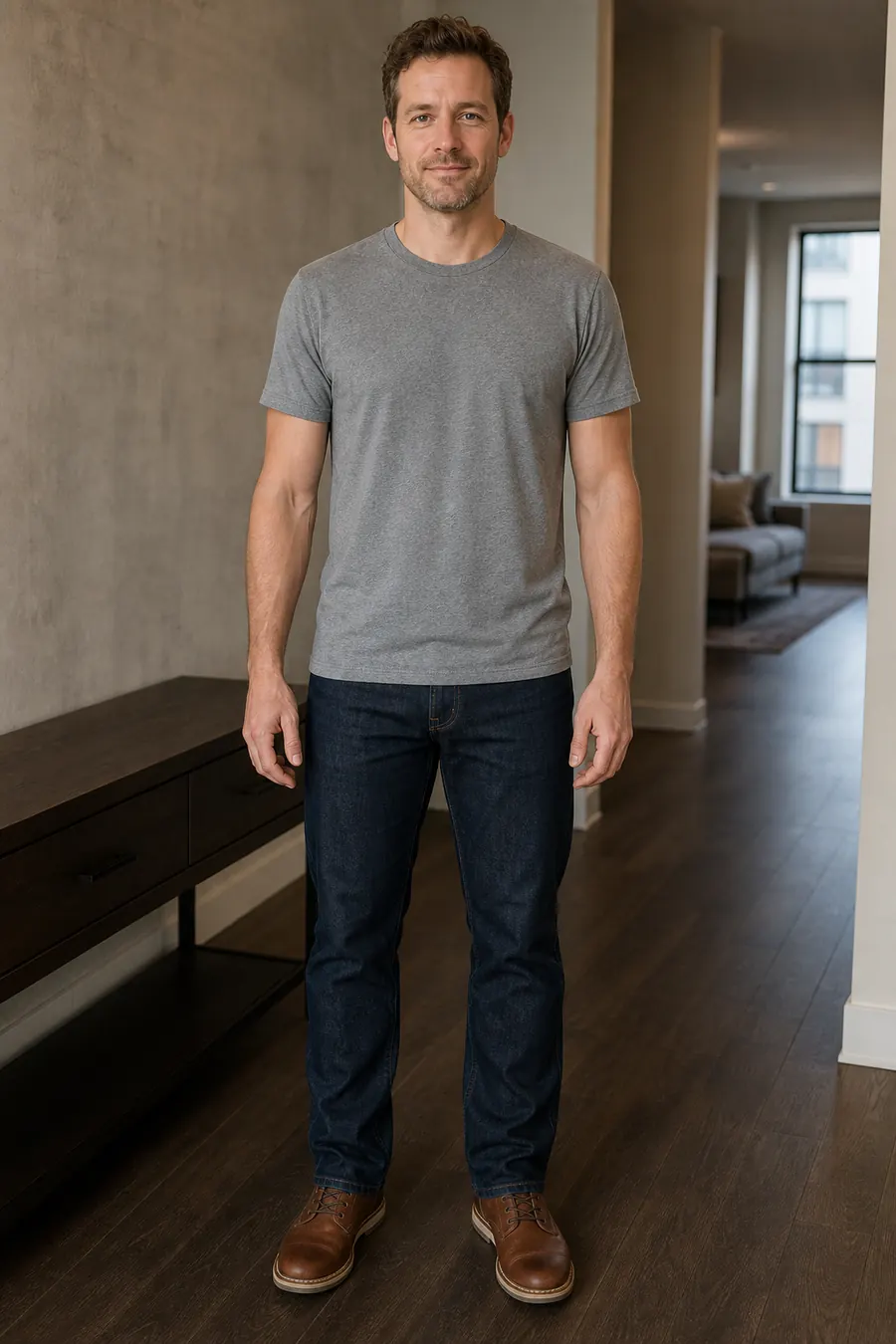 Man wearing a gray T-shirt, dark jeans, and brown shoes before previewing a date-night outfit