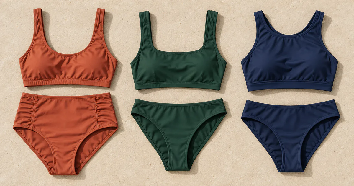 Three bikini styles in terracotta, dark green, and navy arranged for comparison