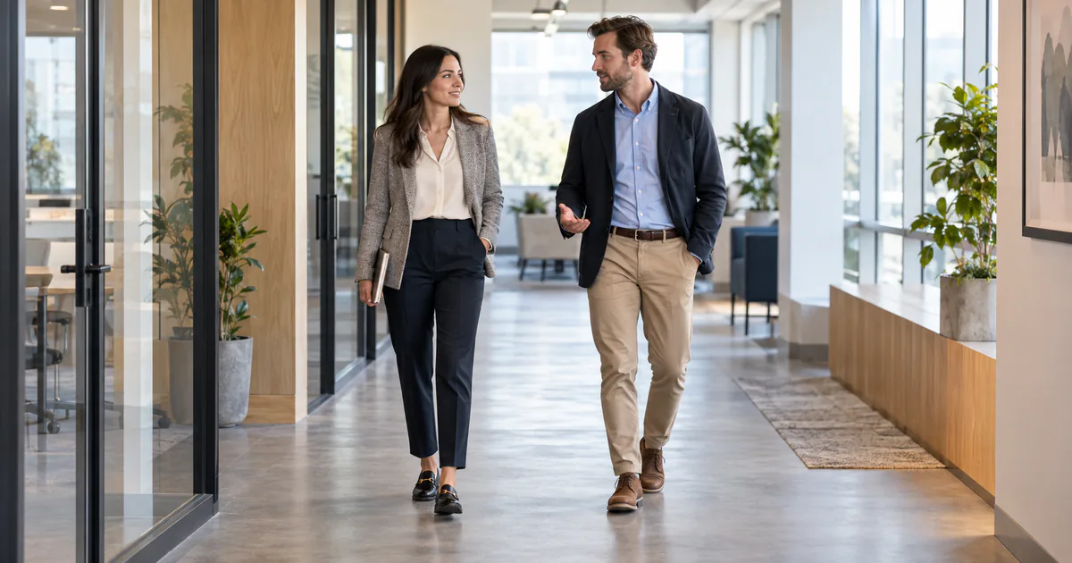 Woman and man wearing polished business casual outfits in a modern office