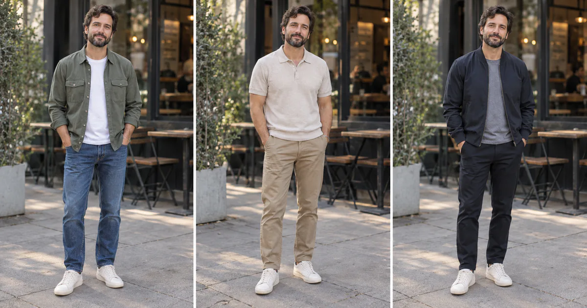 Same man comparing three casual outfits with overshirt, polo, and bomber jacket