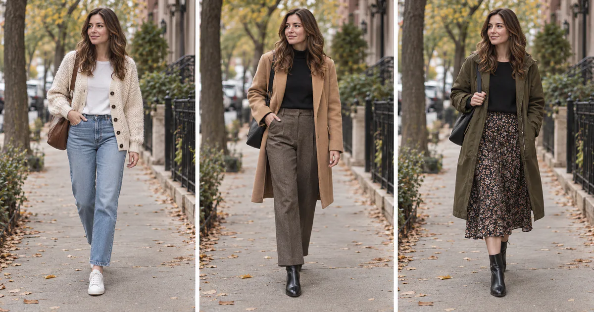 Woman comparing three fall outfits with cardigan, camel coat, and green coat