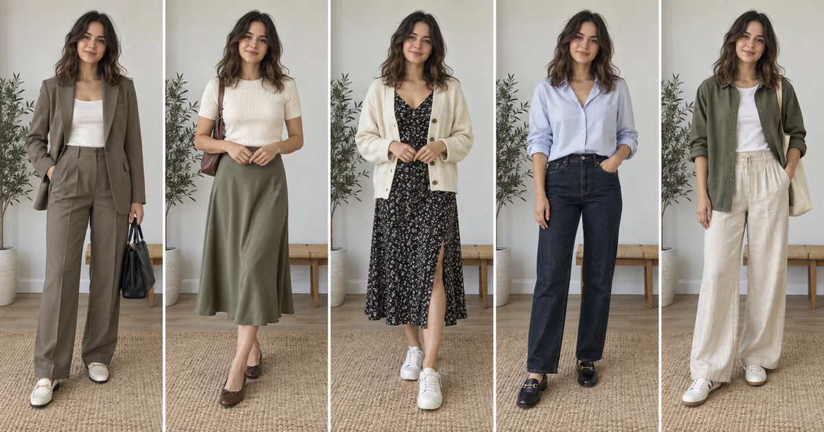 Same woman showing five coordinated weekday outfits from Monday to Friday