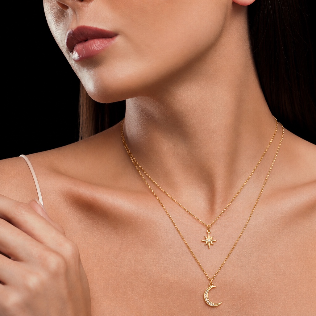 Bare neckline to layered gold jewelry — before AI try-on